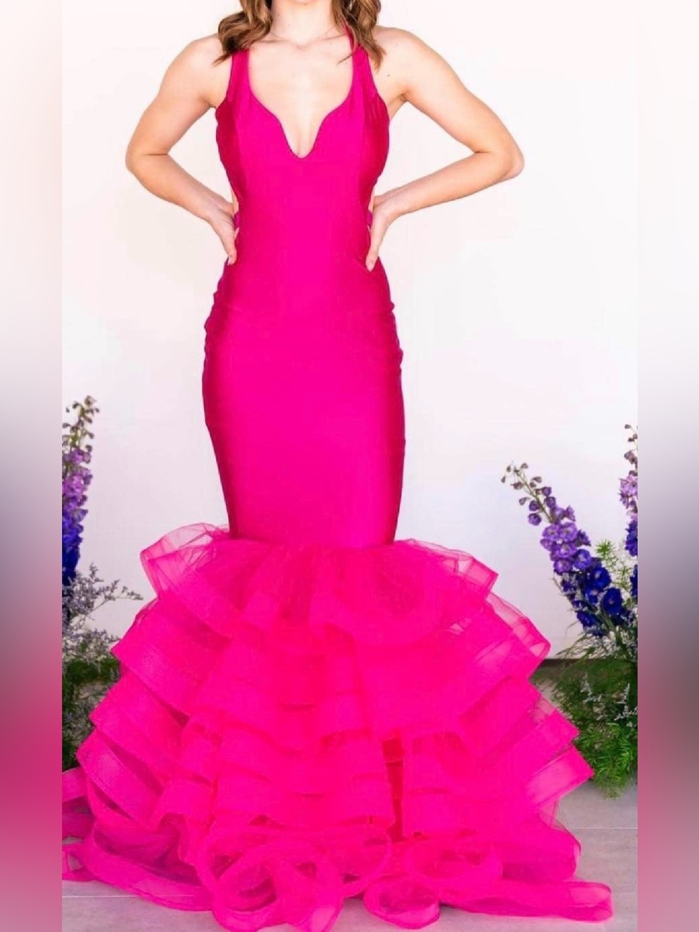 Jessica Angel Dark Fuchsia Mermaid Ruffle Prom Dress with Plunge Neck
